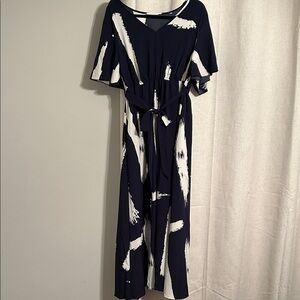 Navy and White Brushstroke Maxi Dress with Waist Tie